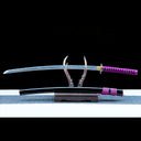 Full Amethyst Fang Damascus katana displayed above its black urushi saya