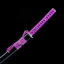 Purple-wrapped tsuka and black urushi saya detail on Amethyst Fang Katana
