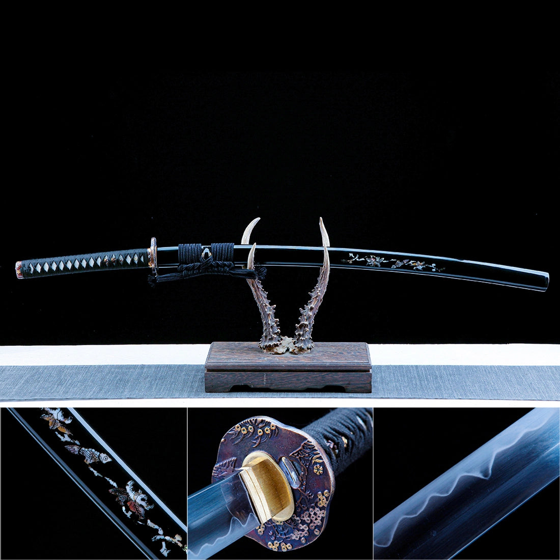Real Katana Sword – Handmade T10 Carbon Steel Blade – Full Tang – Black Scabbard – Collector’s Edition