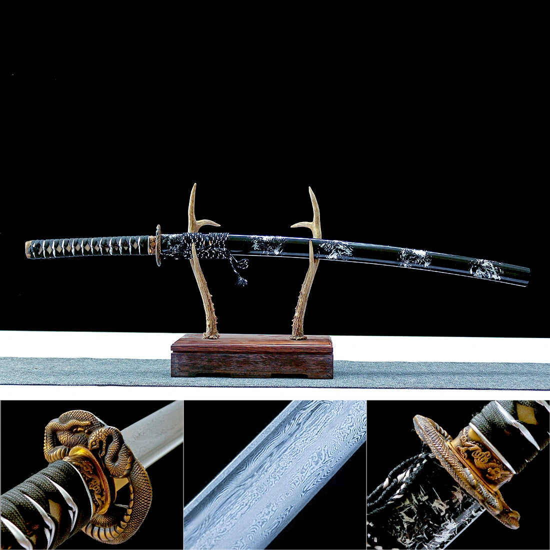 Real Katana Sword – High Performance Damascus Pattern Steel Blade – Full Tang – Black – Premium Quality