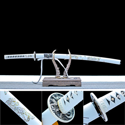 Real Katana Sword – High Performance T10 Carbon Steel Blade – Full Tang – White Scabbard – Premium Quality