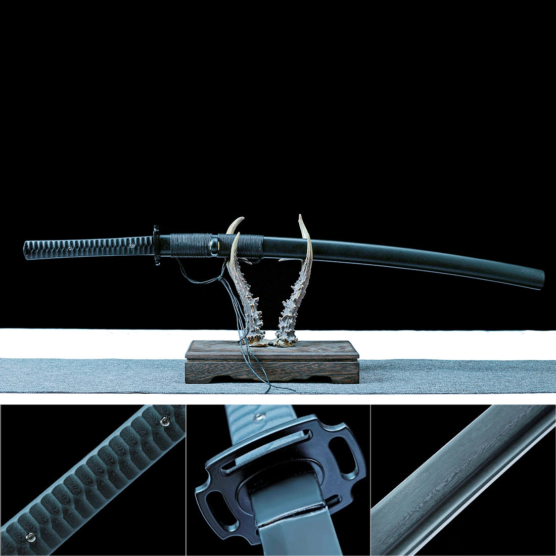 Real Katana – Authentic Japanese Katana – Black Damascus Pattern Steel Blade – Hand Forged – Sturdy Tactical Sword
