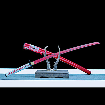 Real Katana Sword – Handmade Red T10 Carbon Steel Blade – Red Scabbard – Full Tang – Battle Ready