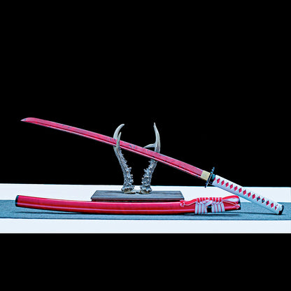 Real Katana Sword – Handmade Red T10 Carbon Steel Blade – Red Scabbard – Full Tang – Battle Ready