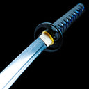 Glacier Fang T10 steel blade and blue saya side view