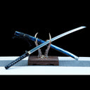 Glacier Fang T10 katana mounted beside blue wood saya