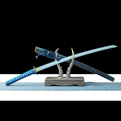 Real Samurai Sword – High Performance Damascus Pattern Steel Blade – Full Tang – Black Scabbard