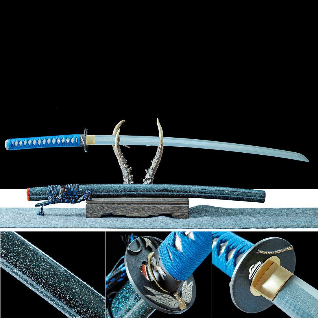 Real Samurai Sword – High Performance Damascus Pattern Steel Blade – Full Tang – Black Scabbard