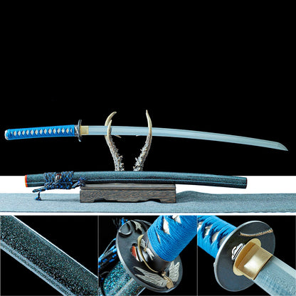 Real Samurai Sword – High Performance Damascus Pattern Steel Blade – Full Tang – Black Scabbard