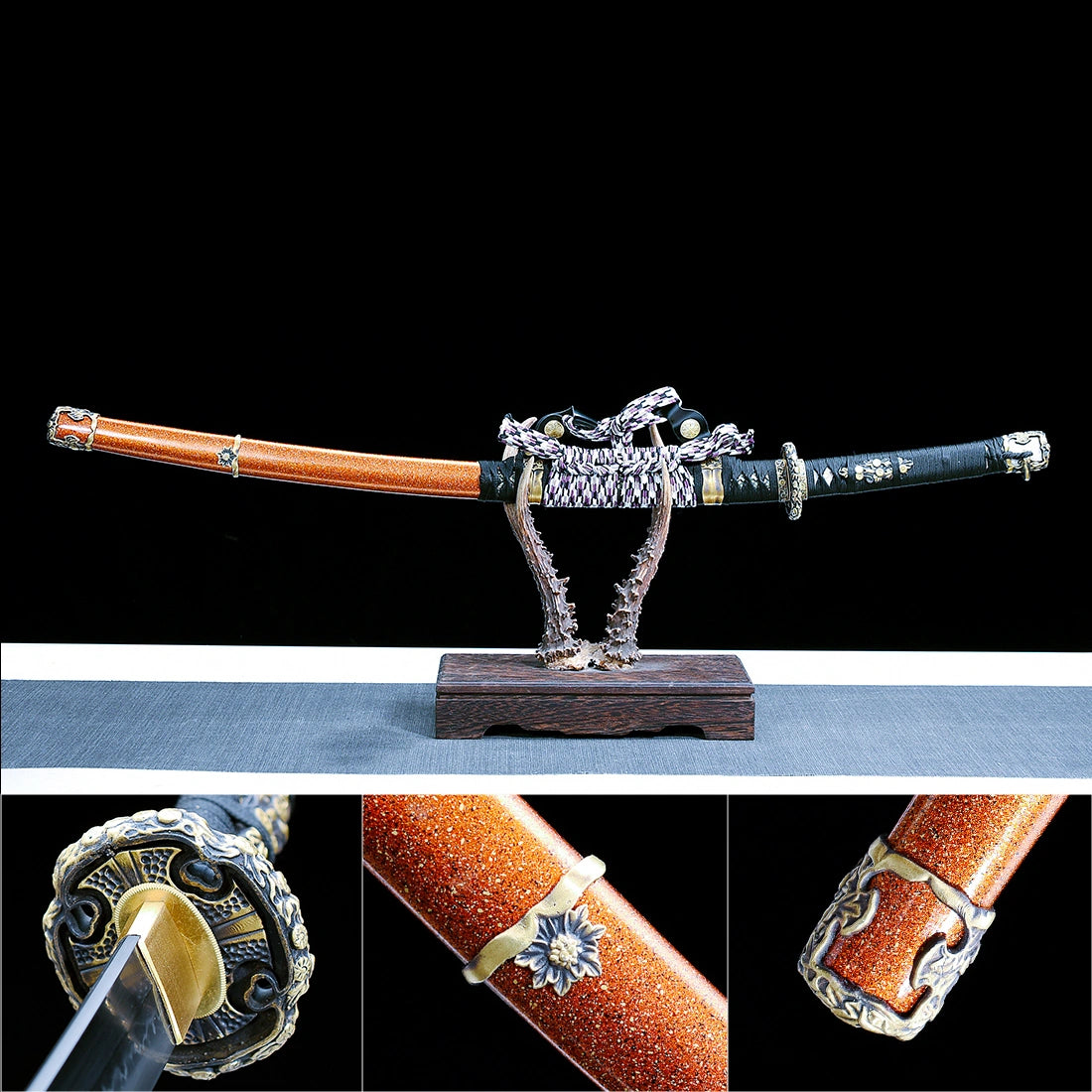 Real Tachi Sword – Handmade T10 High Carbon Steel Blade – Full Tang – Orange – Collector’s Edition