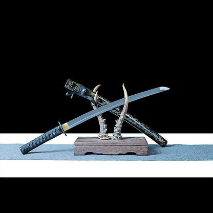 Real Wakizashi Sword – Black Gold-Threaded Scabbard – Hand-Forged 1065 Carbon Steel Blade – High Performance