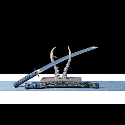 Real Wakizashi Sword – Black Scabbard with Gold Thread – Hand-Forged 1065 Carbon Steel Blade