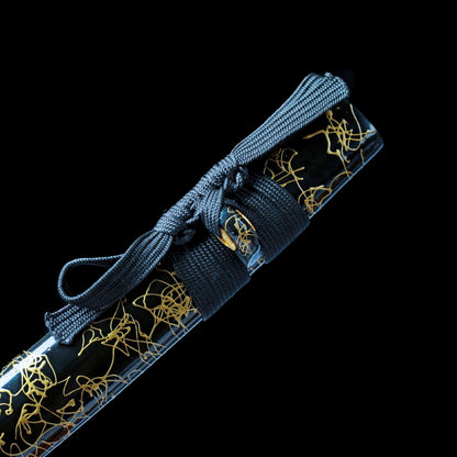 Real Wakizashi Sword – Black Gold-Threaded Scabbard – Hand-Forged 1065 Carbon Steel Blade – High Performance