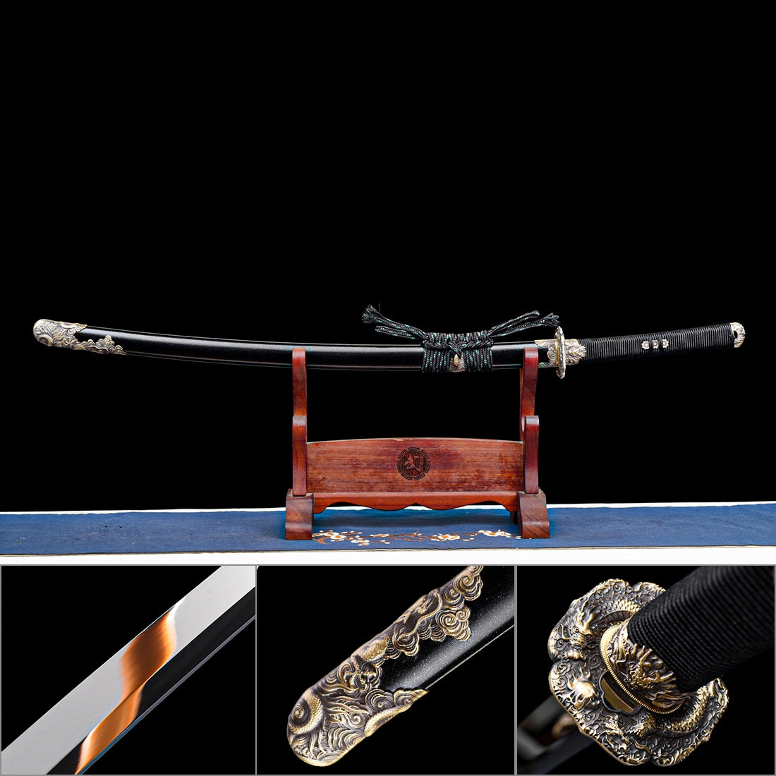 Tachi Sword – Full Black – S7 Tool Steel with Mirror Polish – Pure Copper Ornaments