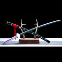 Purple-handle Kikoku replica and black saya on tabletop sword stand