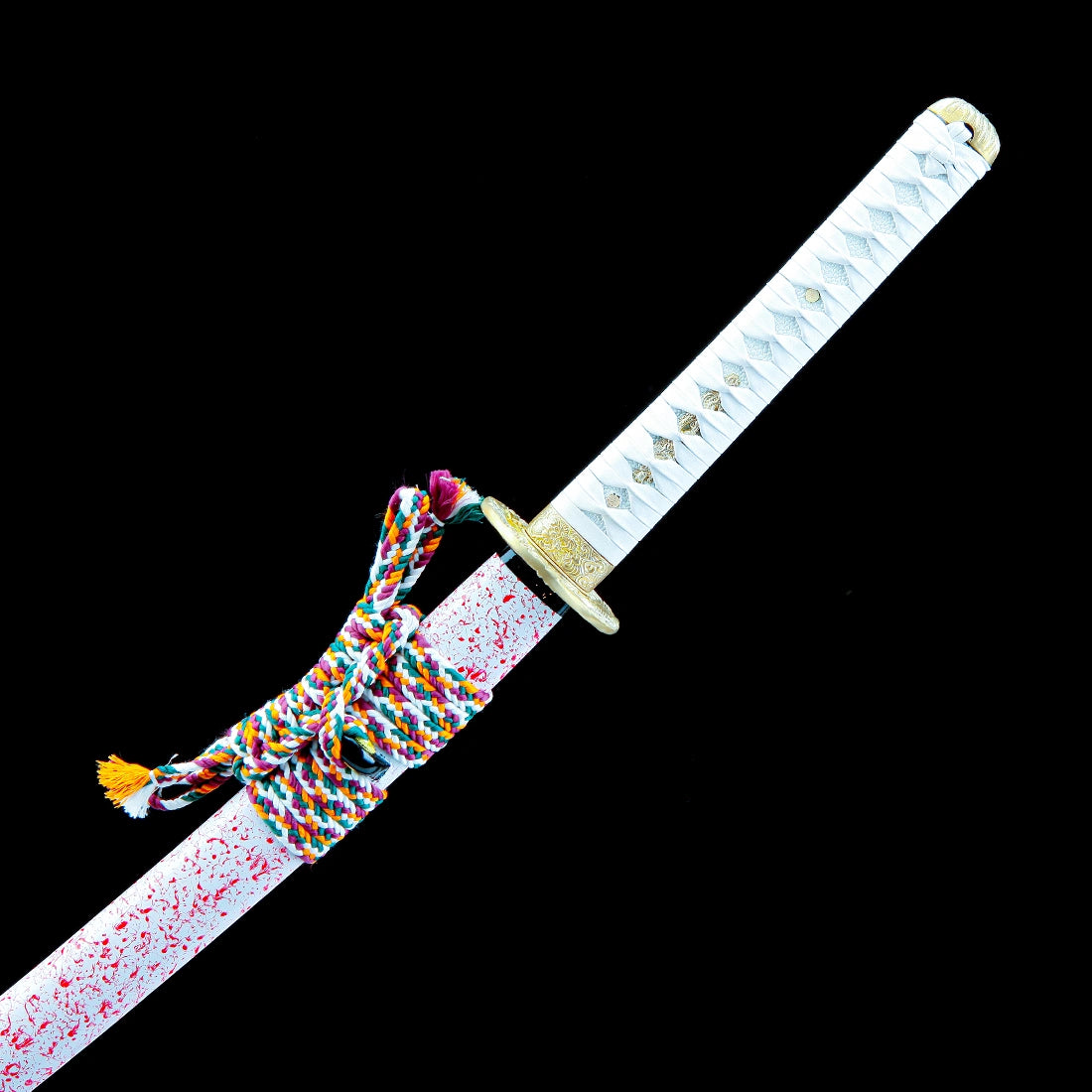 True Katana Sword – Handmade Damascus Pattern Steel Blade – Full Tang – High Performance – White Scabbard