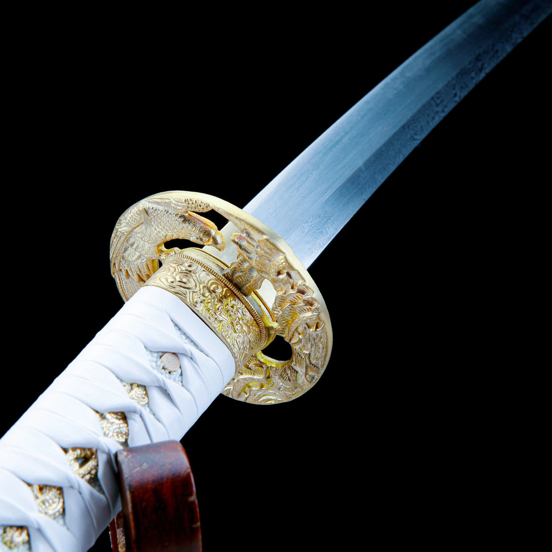 True Katana Sword – Handmade Damascus Pattern Steel Blade – Full Tang – High Performance – White Scabbard