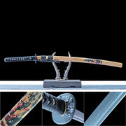True Katana Sword – Handmade Damascus Pattern Steel Blade – Natural Wood Scabbard – Battle Ready