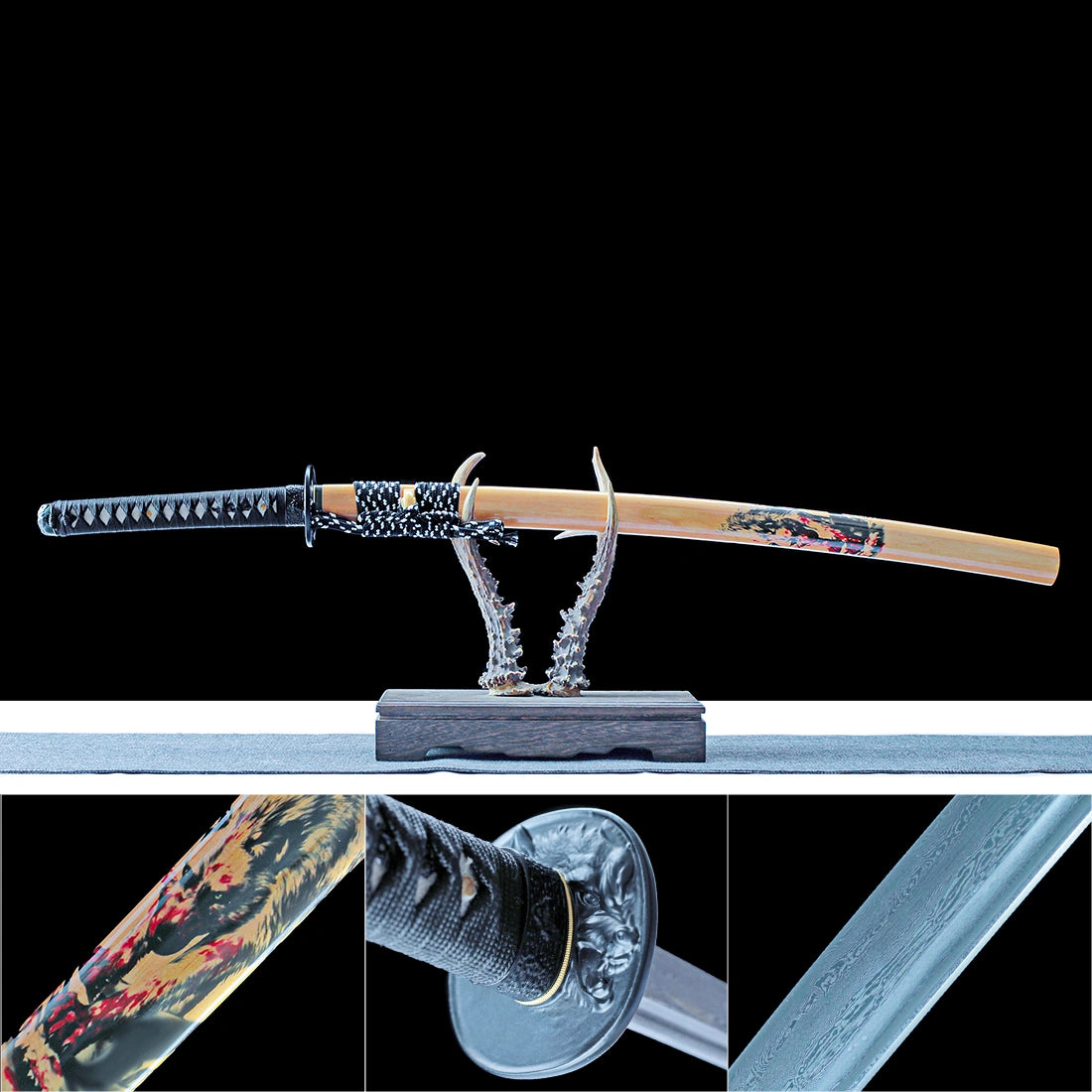 True Katana Sword – Handmade Damascus Pattern Steel Blade – Natural Wood Scabbard – Battle Ready