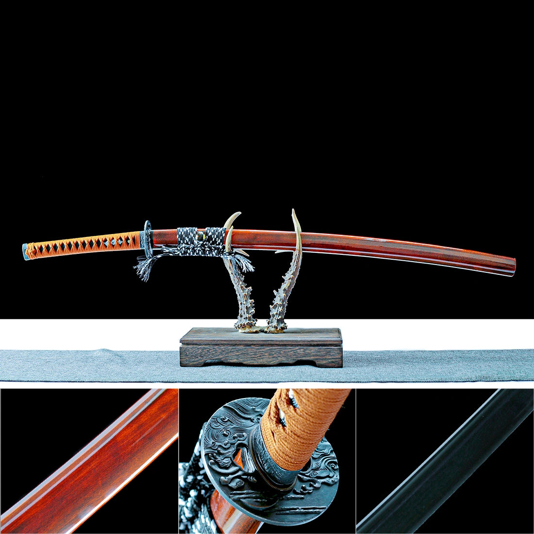 True Katana – Handmade Black Damascus Pattern Steel Blade – Brown Scabbard – Full Tang