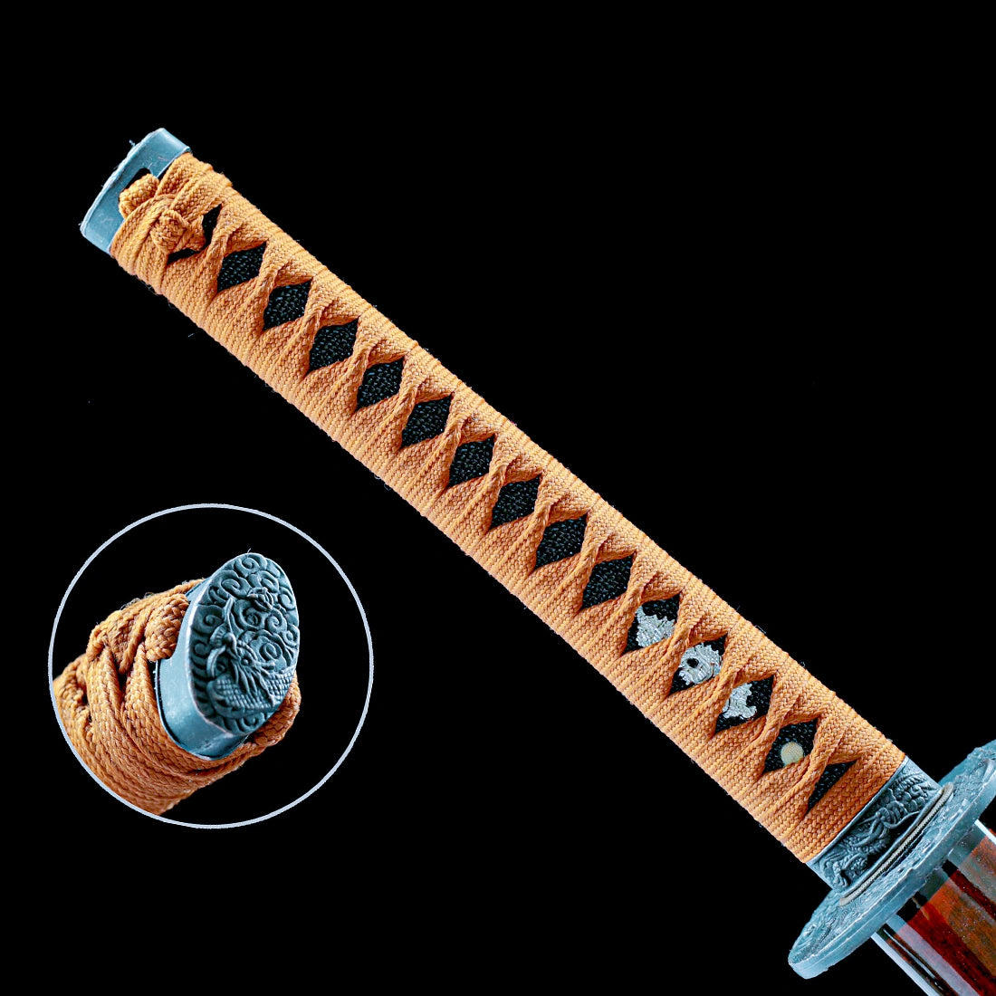 True Katana – Handmade Black Damascus Pattern Steel Blade – Brown Scabbard – Full Tang