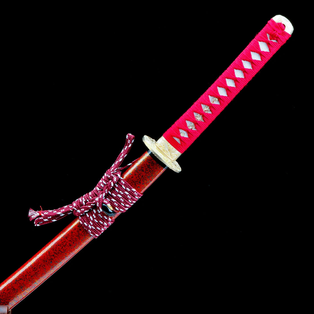 True Katana – Handmade Damascus Pattern Steel Blade – Red – Full Tang – Collector’s Edition