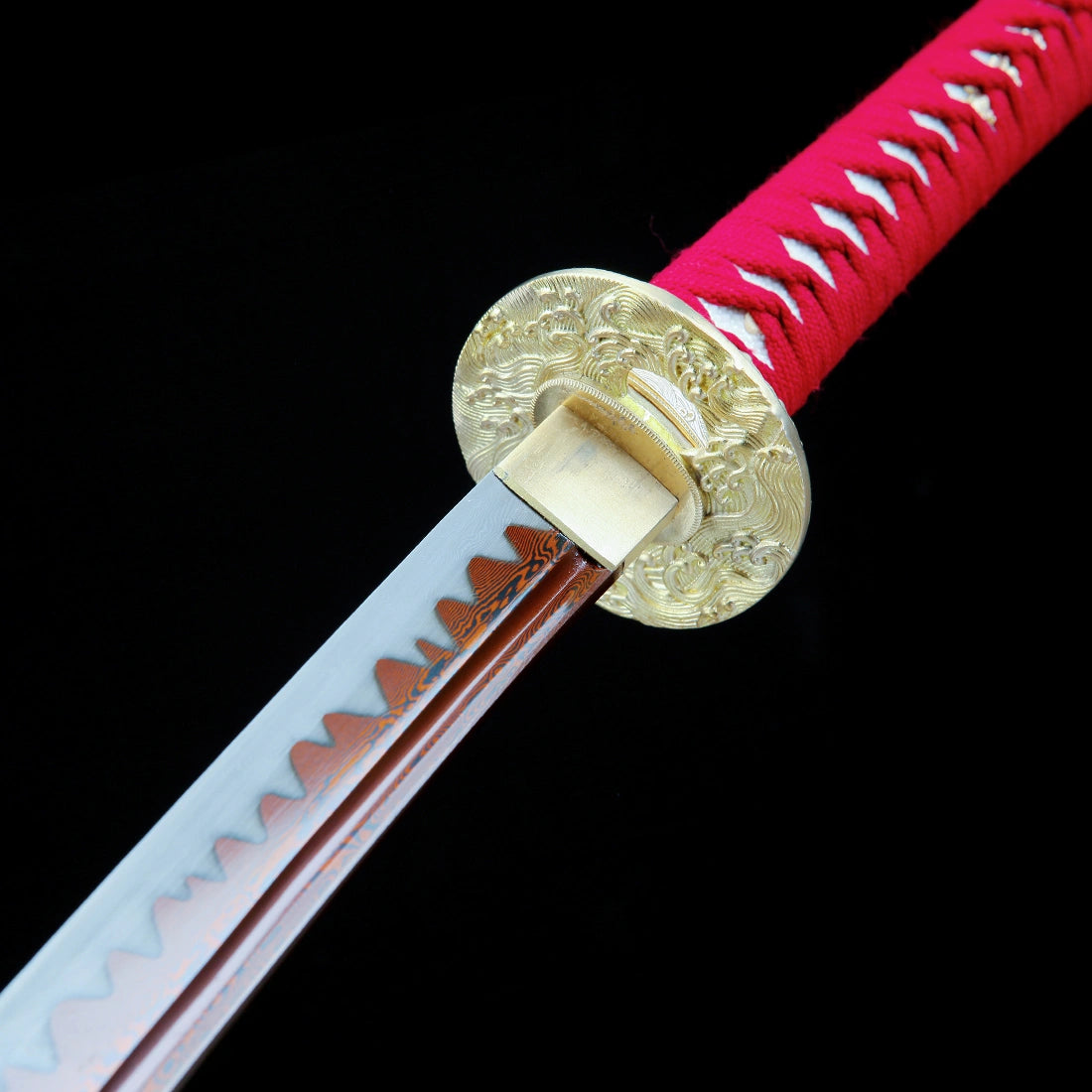 True Katana – Handmade Damascus Pattern Steel Blade – Red – Full Tang – Collector’s Edition