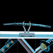 True Katana – Handmade Red Damascus Pattern Steel Blade – Black Scabbard – Full Tang