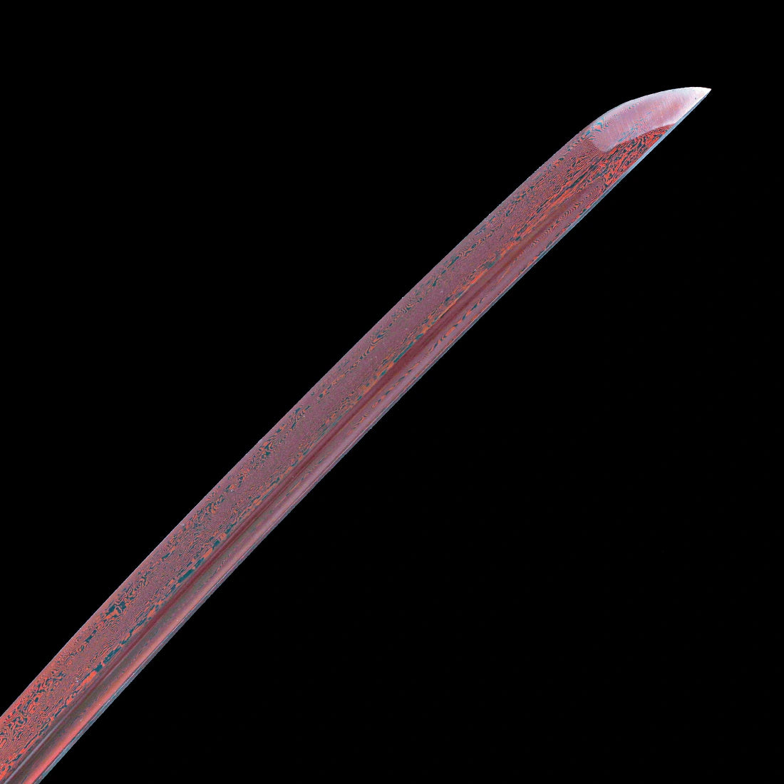 True Katana – Handmade Red Damascus Pattern Steel Blade – Full Tang – Black Scabbard – High Performance