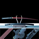True Katana – Handmade Red Damascus Pattern Steel Blade – Full Tang – Black Scabbard – High Performance