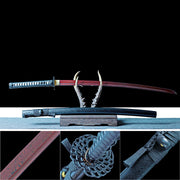 True Katana – Handmade Red Damascus Pattern Steel Blade – Full Tang – Black Scabbard – High Performance