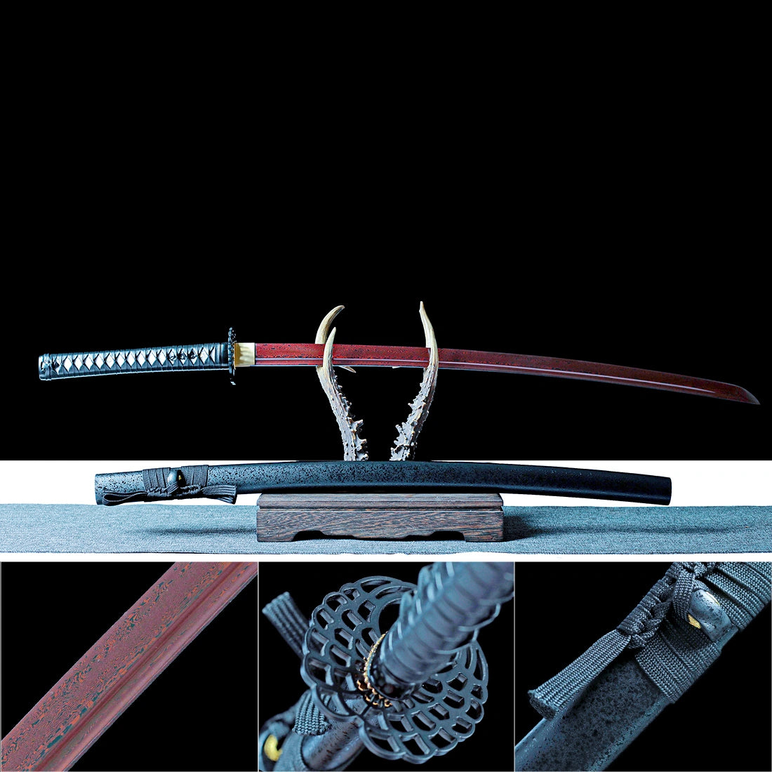 True Katana – Handmade Red Damascus Pattern Steel Blade – Full Tang – Black Scabbard – High Performance