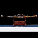 Dragonheir clay-tempered Damascus steel Tachi sword sheathed on wooden display stand with gold-flecked lacquer Saya