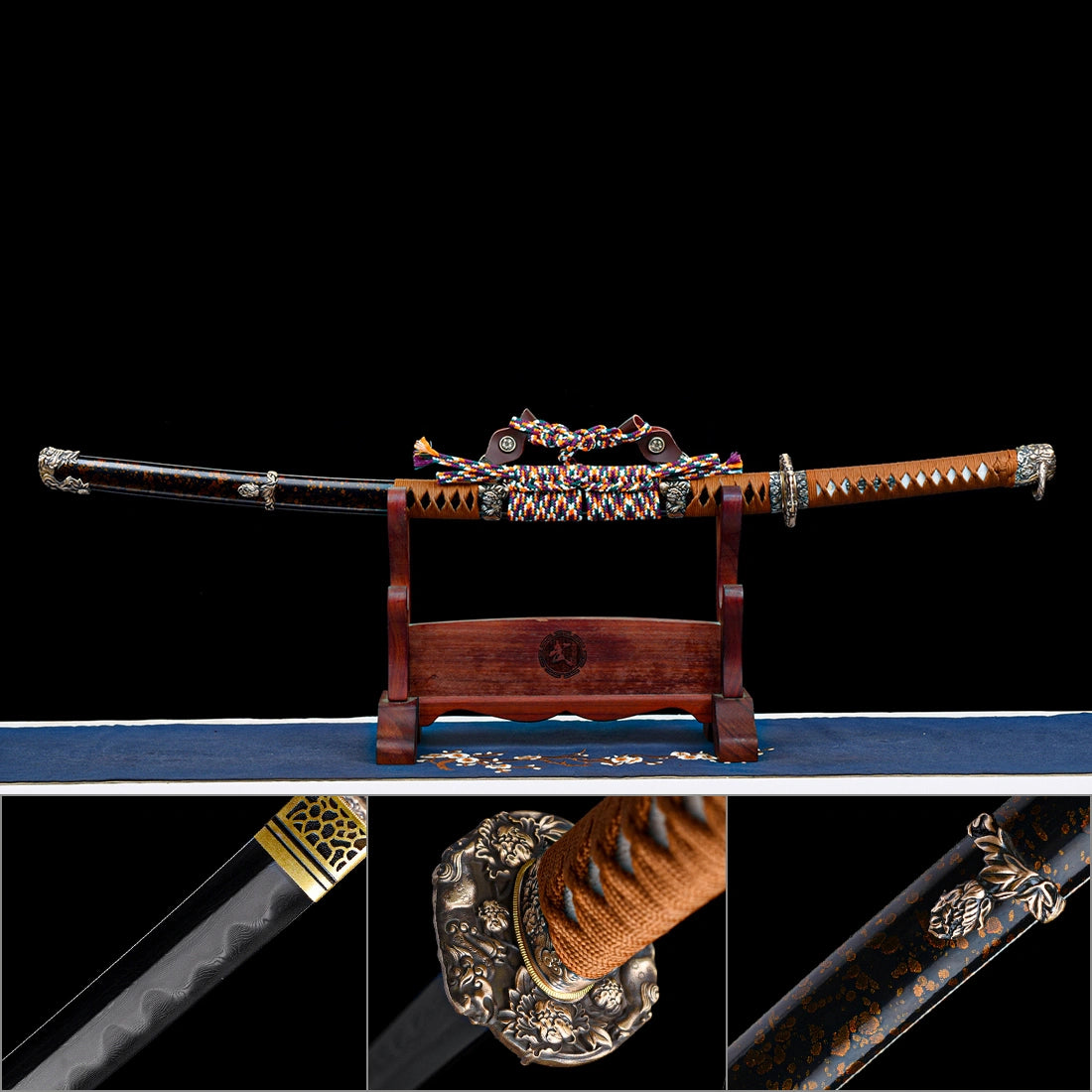 Sheathed Dragonheir Tachi on wooden stand with inset macro shots of wavy Hamon line, copper Tsuba, and gold-flecked Saya