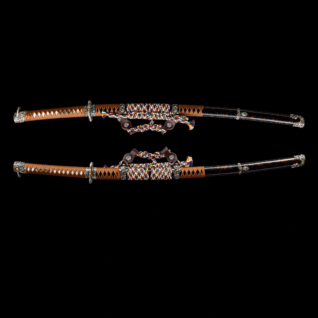 Full side profile of Dragonheir Tachi sword sheathed in gold-flecked Saya with leather Ashi suspension hangers