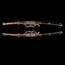 Full side profile of Dragonheir Tachi sword sheathed in gold-flecked Saya with leather Ashi suspension hangers