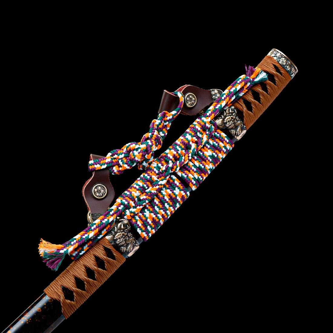 Gold-flecked black lacquered wood Saya with leather Ashi suspension hangers and multi-color silk Kurikata knot