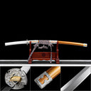 Overview collage of hand-forged tachi sword featuring orange scabbard white handle and silver fittings