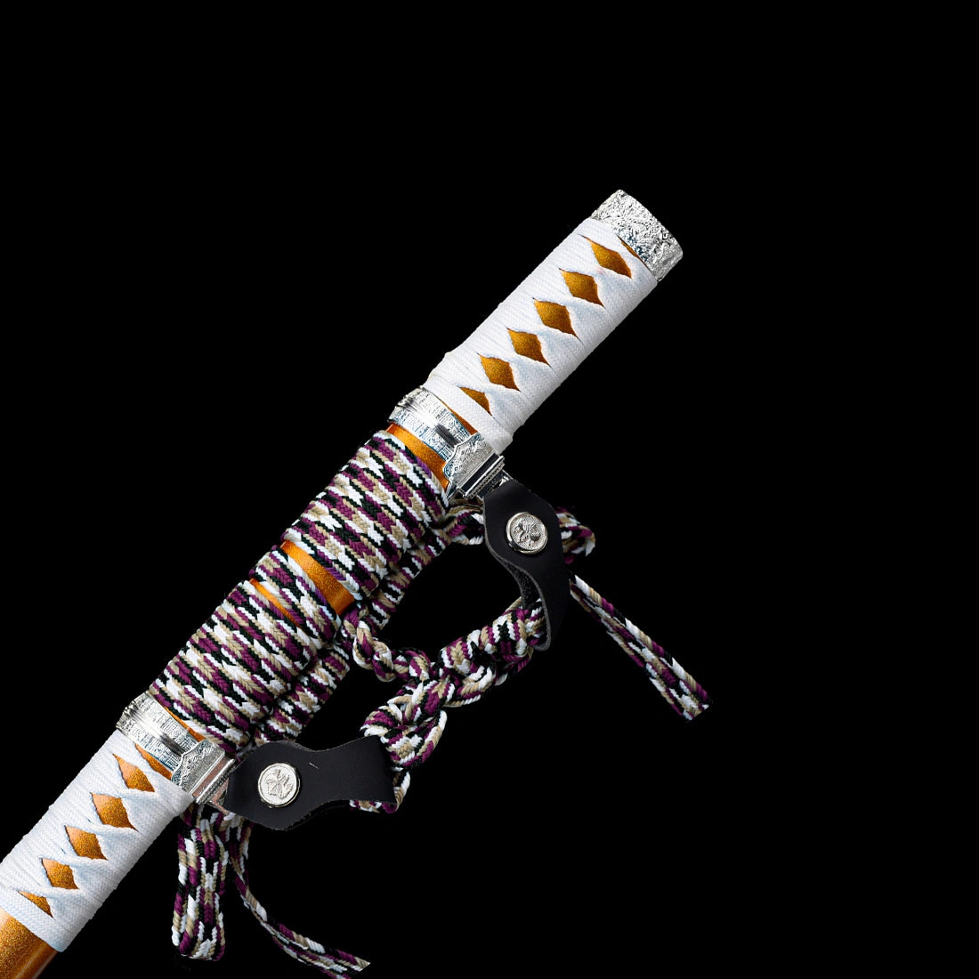 Traditional thick sageo cord attached to orange lacquered saya on japanese tachi sword