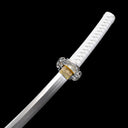 Traditional white ito wrapped handle and silver fittings on high toughness tachi sword