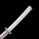White tsuka handle wrap with silver-plated tsuba on hand-forged tachi sword