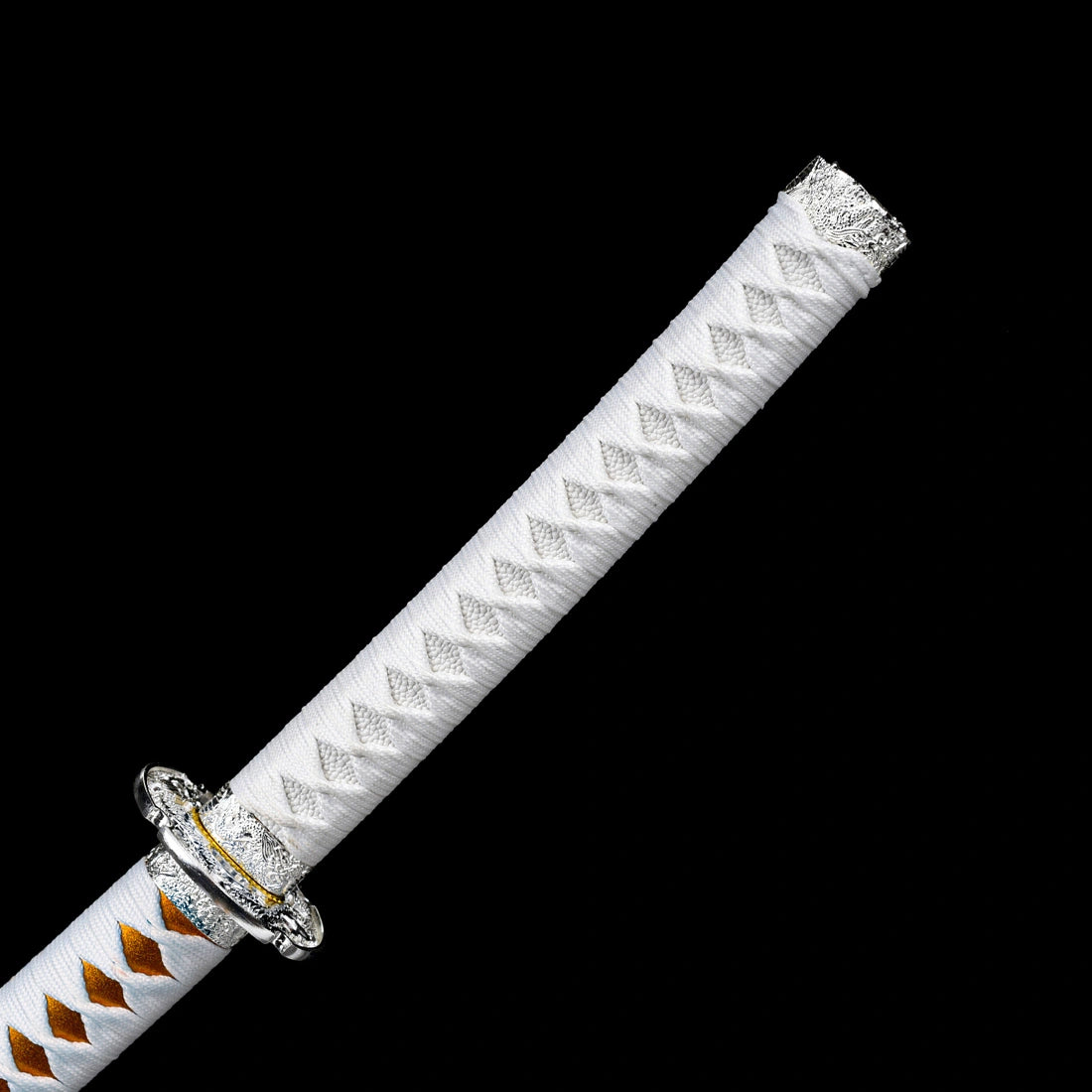 White tsuka handle wrap with silver-plated tsuba on hand-forged tachi sword