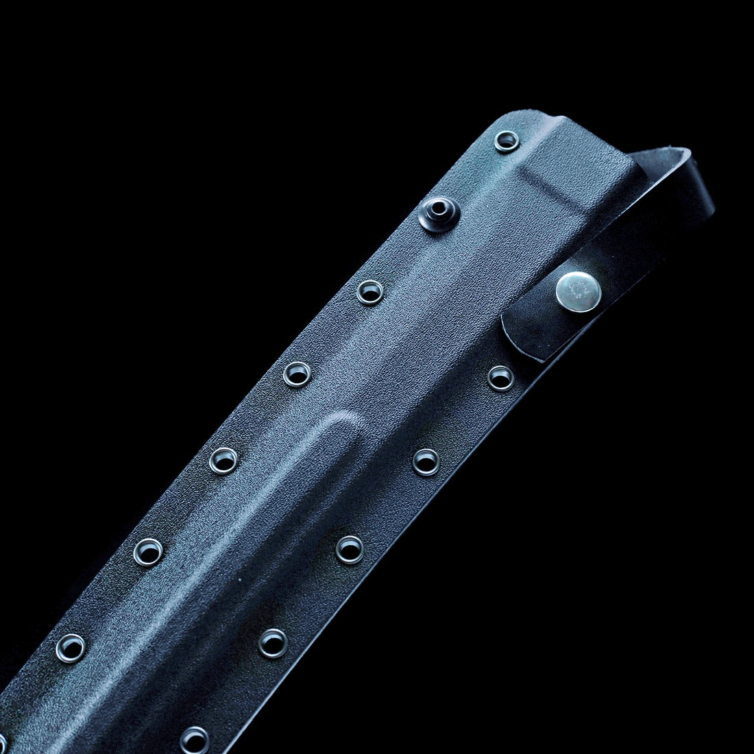 High-strength composite tactical sheath throat with retention strap and reinforced eyelets