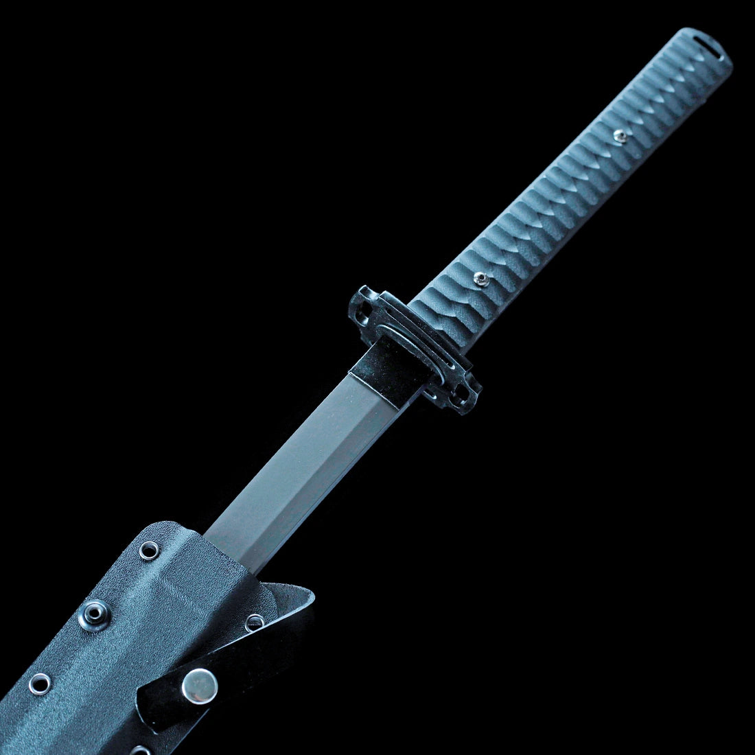 Military-grade G10 handle with 3D rivets and PVD-coated stainless steel guard on tactical katana
