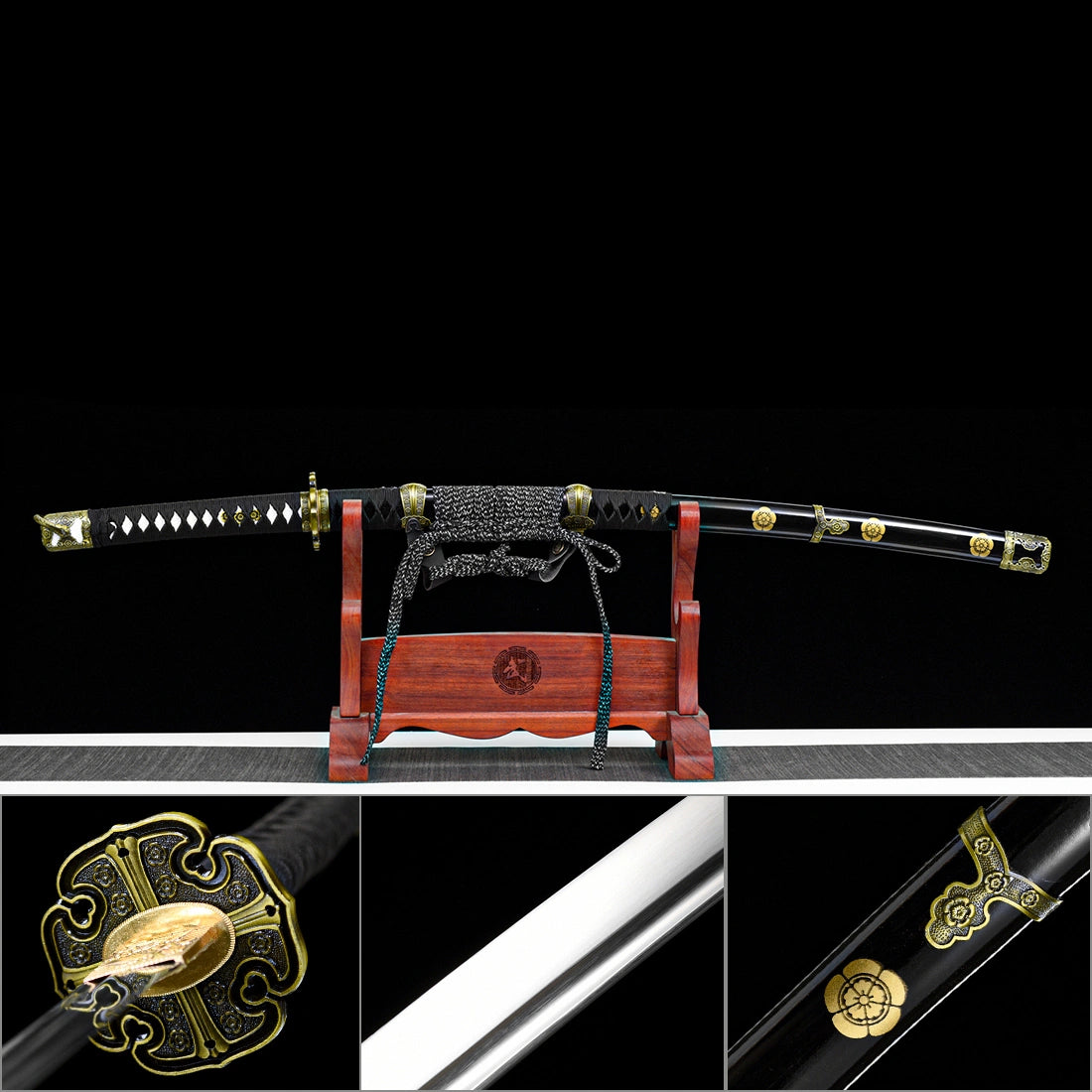 Product collage showcasing sheathed Murasame tachi sakura tsuba guard 1065 steel blade and saya detail