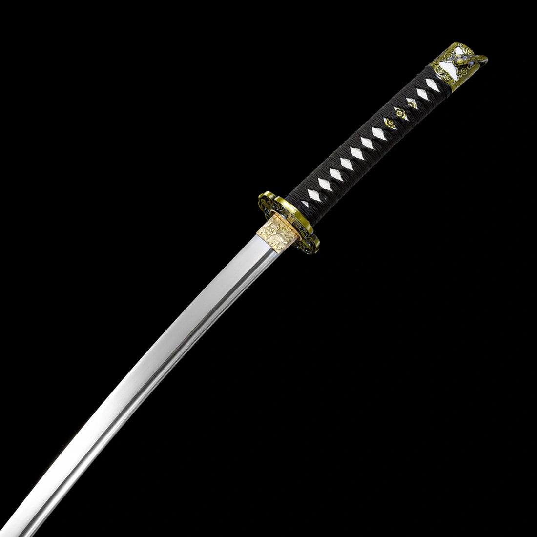 Full view of polished 1065 carbon steel Murasame tachi blade showing tsuba guard and floral engraved habaki