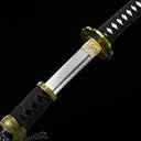 Intricate floral engraved habaki collar and black wrapped handle joint on high toughness Murasame tachi sword