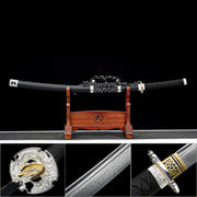 Oblivion Fang battle-ready Damascus steel tachi sword profile collage featuring silver dragon tsuba and gold habaki