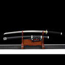 Oblivion Fang folded Damascus pattern steel tachi blade with precision-machined acoustic bo-hi blood groove