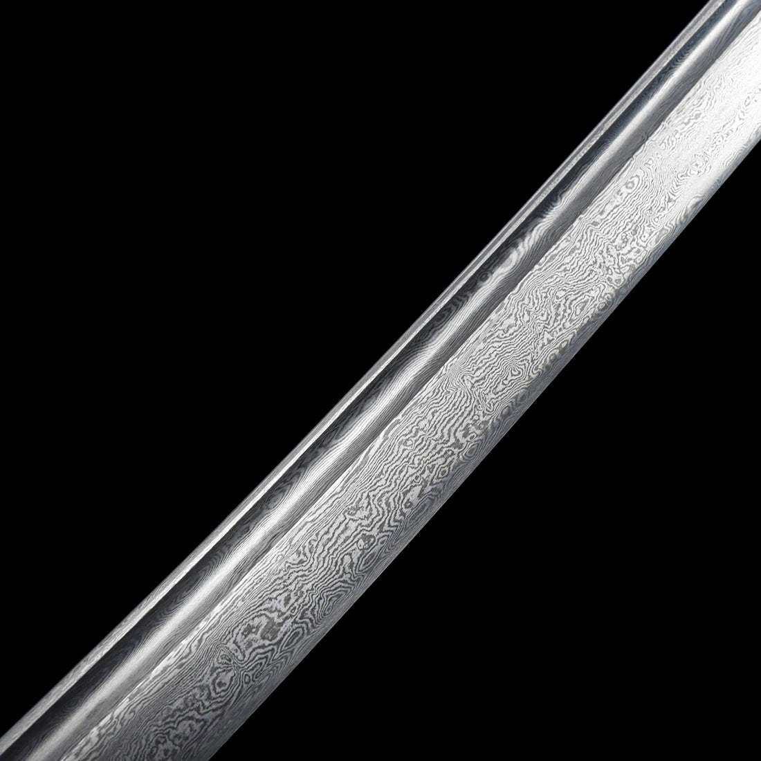 Intricate wave-like natural grain Hada pattern on hand-forged folded Damascus steel tachi blade with bo-hi